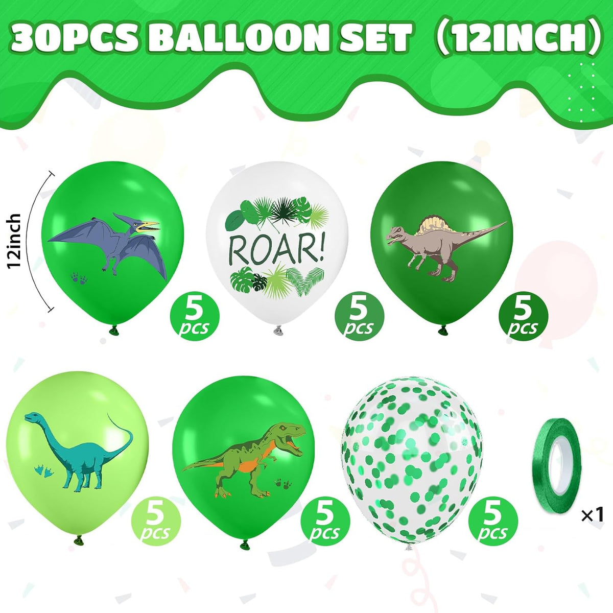 Dinosaur Balloons, 12 Inch Fruit Lime Dark Green White Confetti Balloons with Dinosaur Printed
