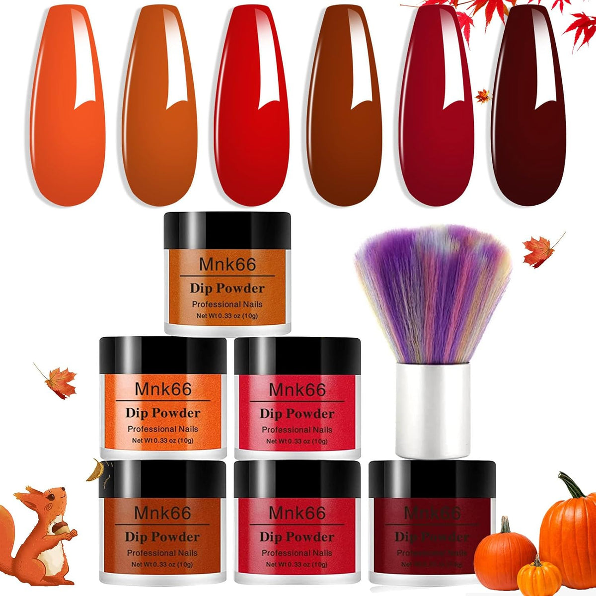 6 Colors Dip Powder Set, Orange Dark Red Wine Christmas Dipping Powder Color Set, Glossy Nail Art