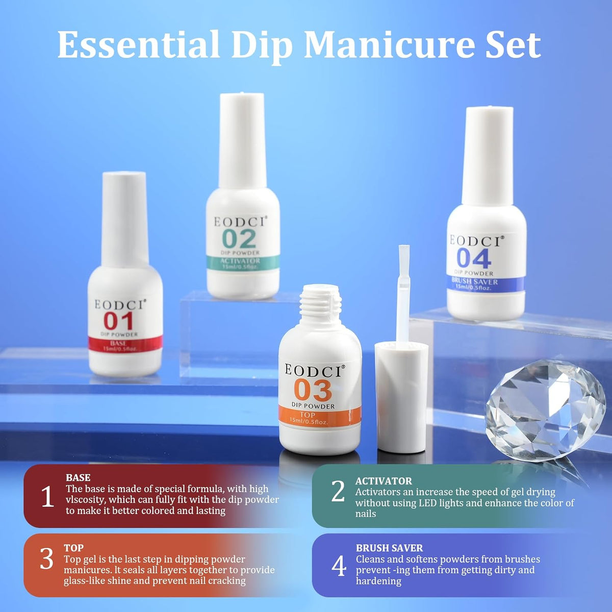 12 Pcs Dip Powder Nail Kit Starter, 6 Colors Glitter Blue Snow Dipping Powder Kit With Base & Top