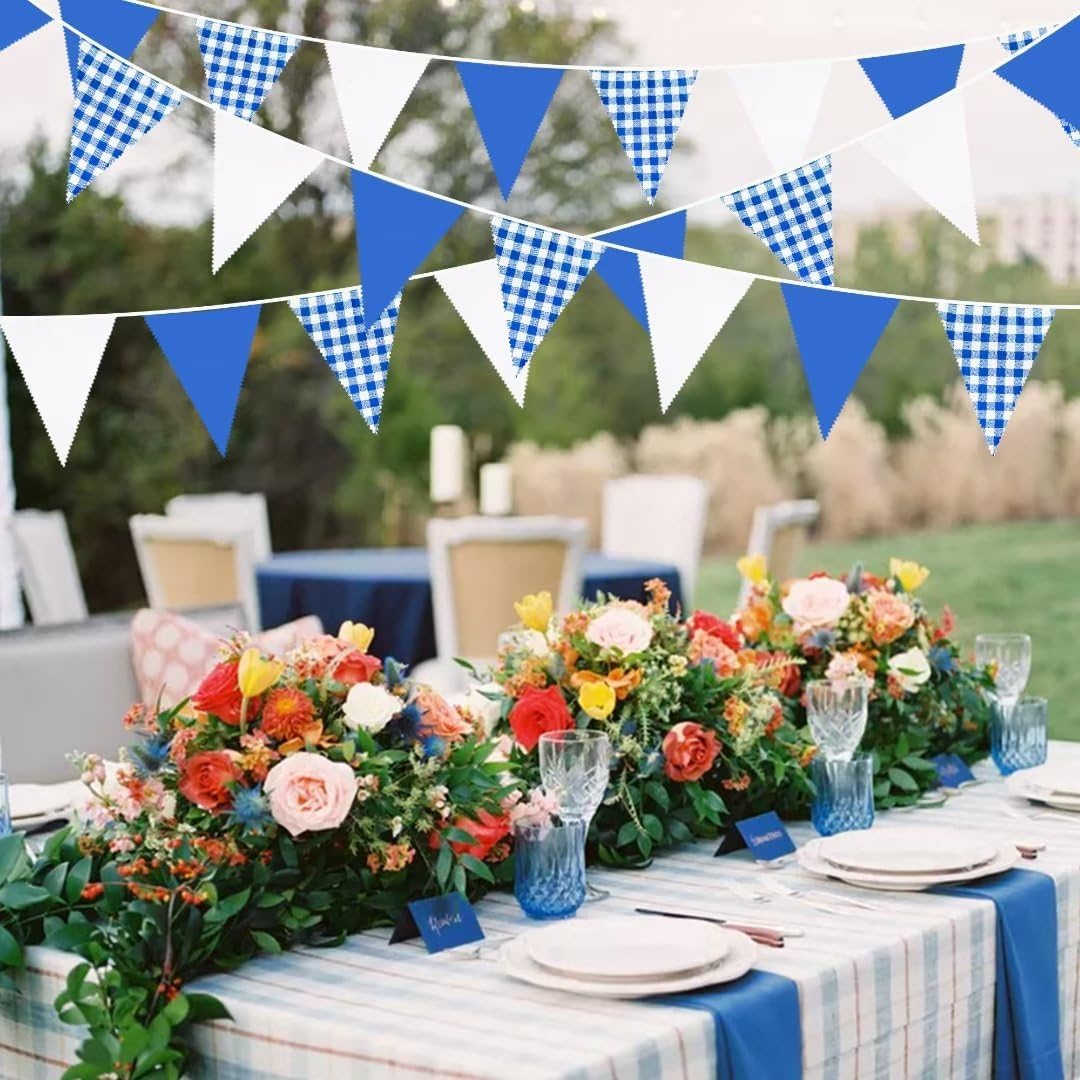 32Ft Deep Blue Party Decorations Blue Buffalo Plaid Checkered White Triangle Flag Gingham Pennant