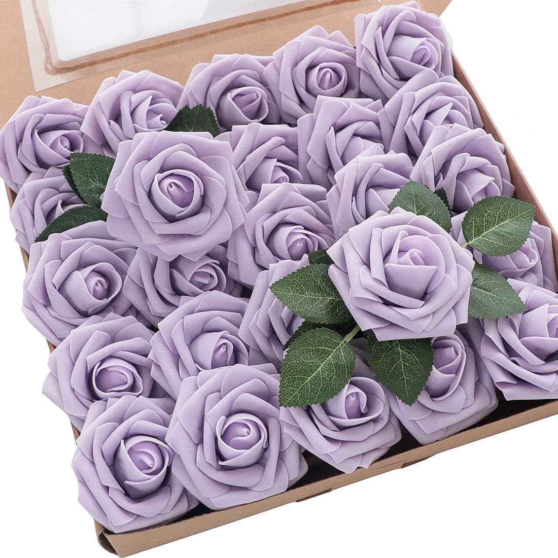 Floroom Artificial Flowers 25pcs Real Looking Lilac Foam Fake Roses with Stems for DIY Wedding