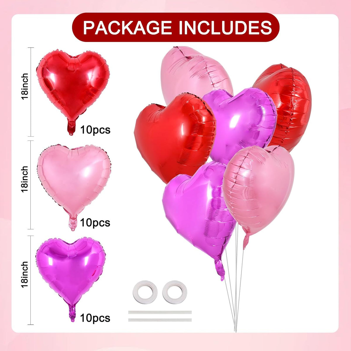 TONIFUL 30Pcs 18 Inch Heart Balloons Valentine’s Day Red Pink Hot Pink Heart Shape Foil Mylar