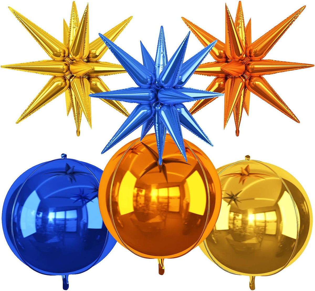 6Pcs Blue Orange Gold Foil Balloons,22Inch Orange Blue Gold 4D Round Ball Balloon and Explosion