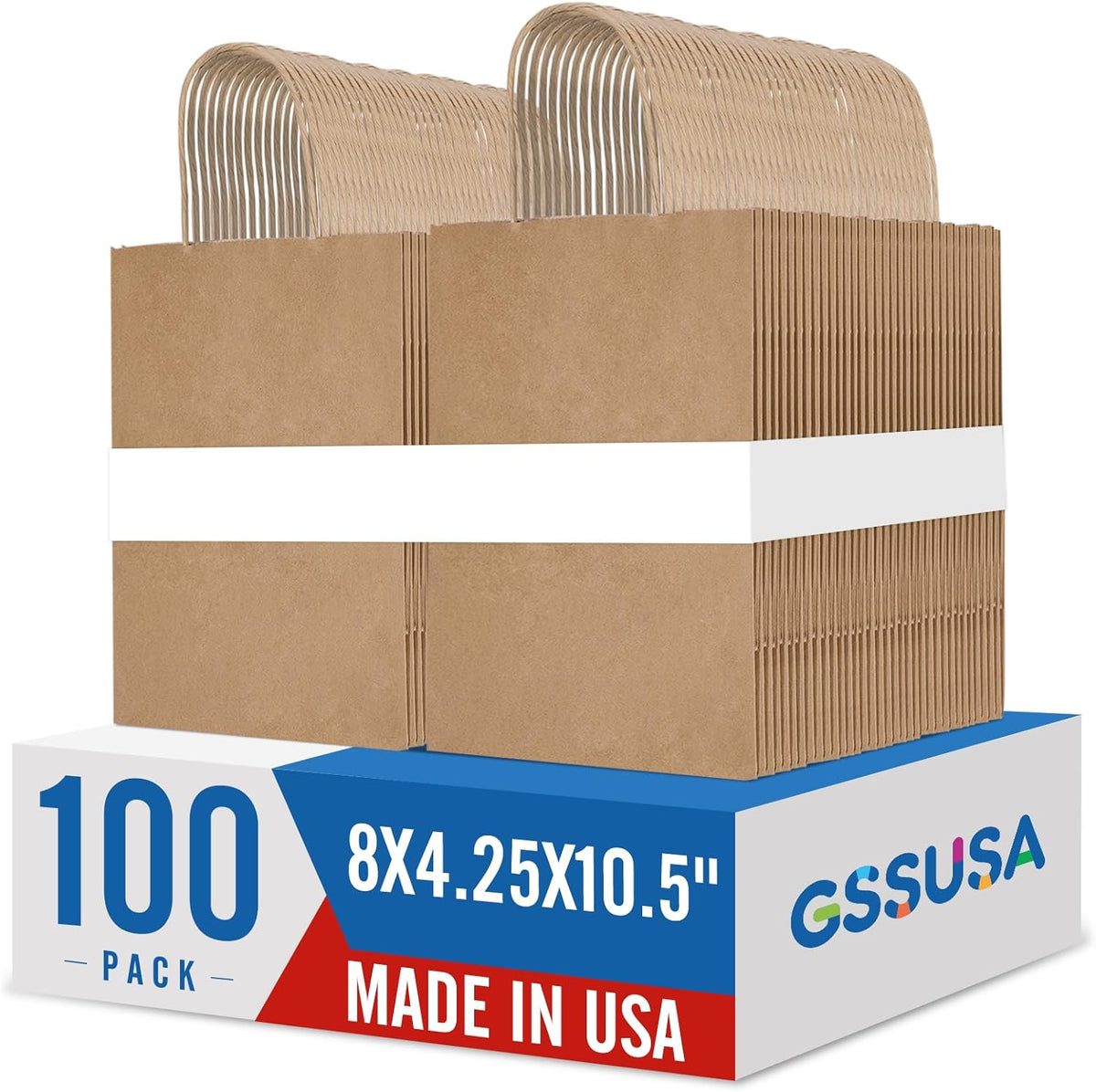 GSSUSA 100 Pack 8x4.25x10'' Paper Gift Bags with Handles Bulk, Brown Kraft Bags for Small Business