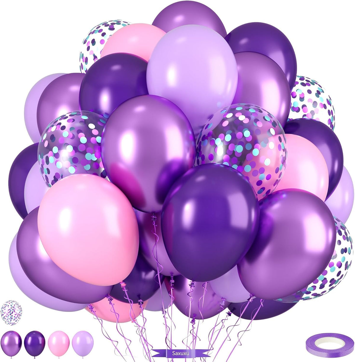 Pink and Purple Balloons, Pink Lavender Dark Purple Metallic Confetti Latex Balloons for Girls