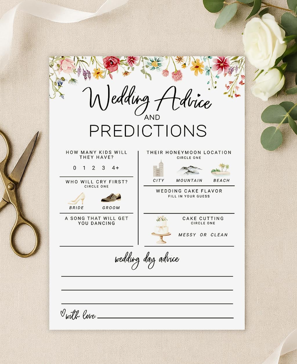 Printed Party Bridal Shower Game – Wedding Prediction Cards for Guests, Fun Advice and Guessing