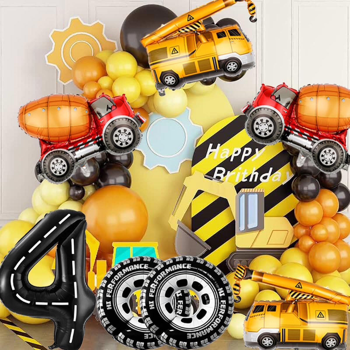 Construction Balloons 4rd Birthday Decorations for Boys 40inch Number 4 Balloons Truck Foil Balloon
