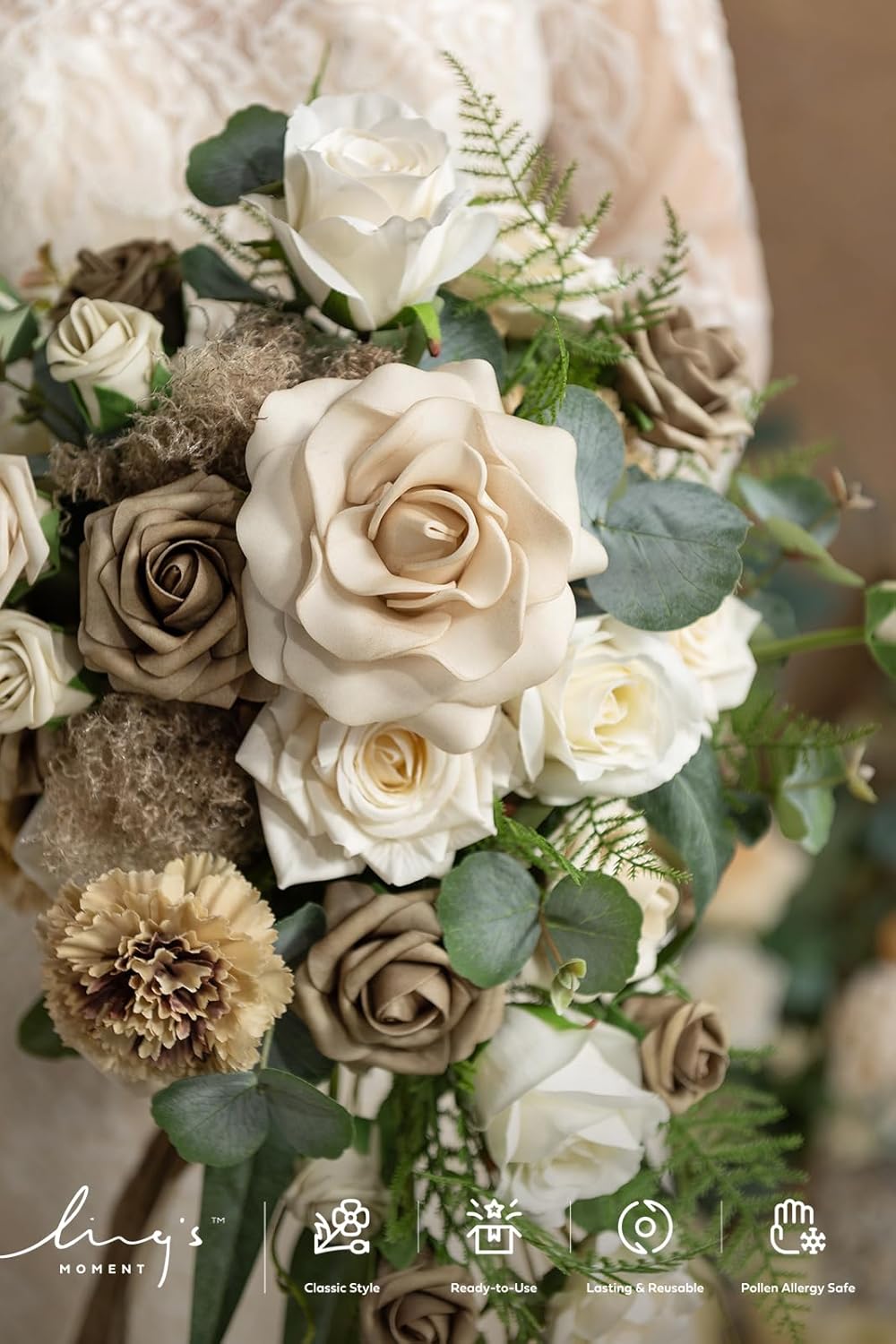 Ling's moment Intimate Brown Bridal Bouquet Cascading, Beige Wedding Bouquets for Bride, 13 Inch
