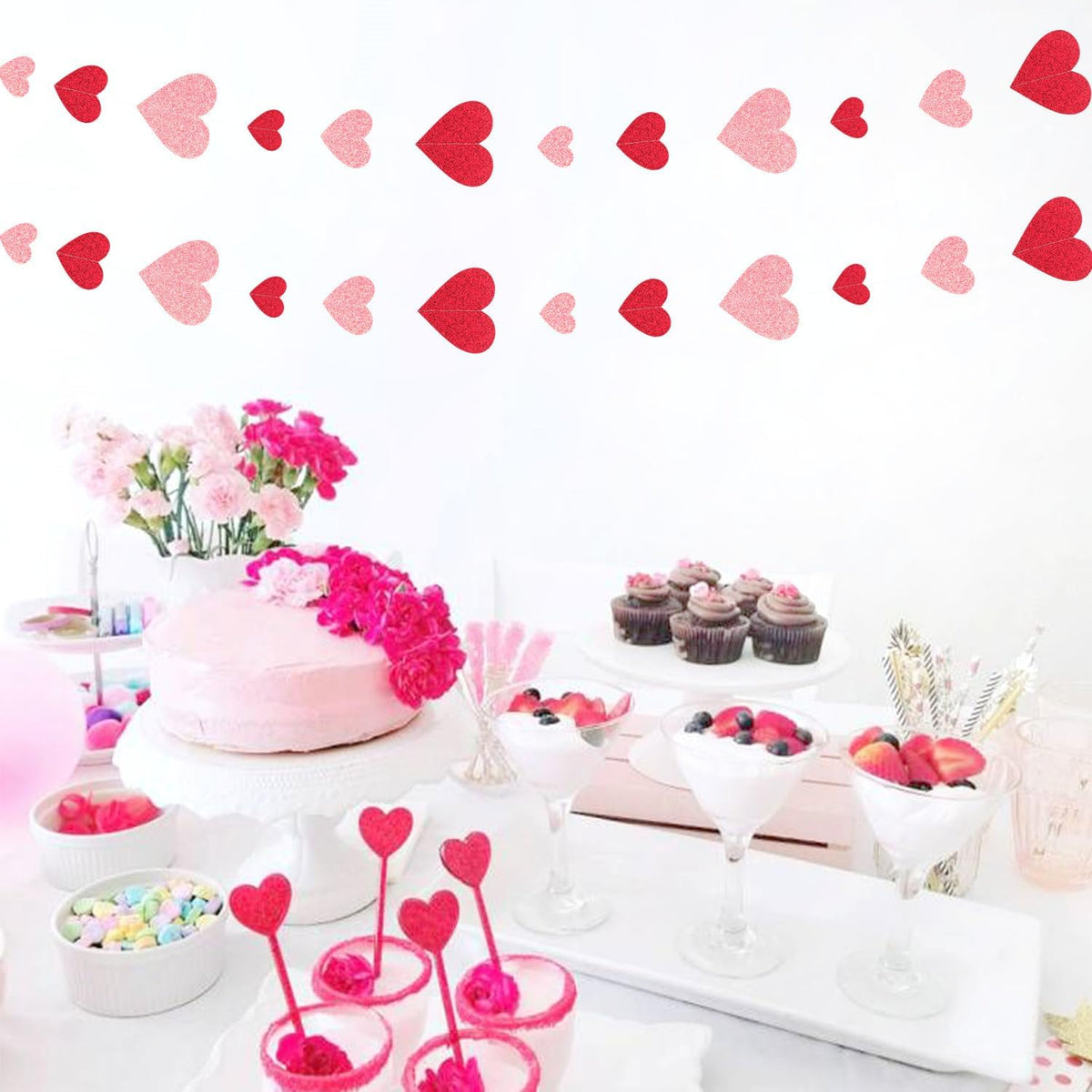 Red Pink Party-Decoration Heart Garland - 40ft Galentines Hanging Paper Streamers, Proposal