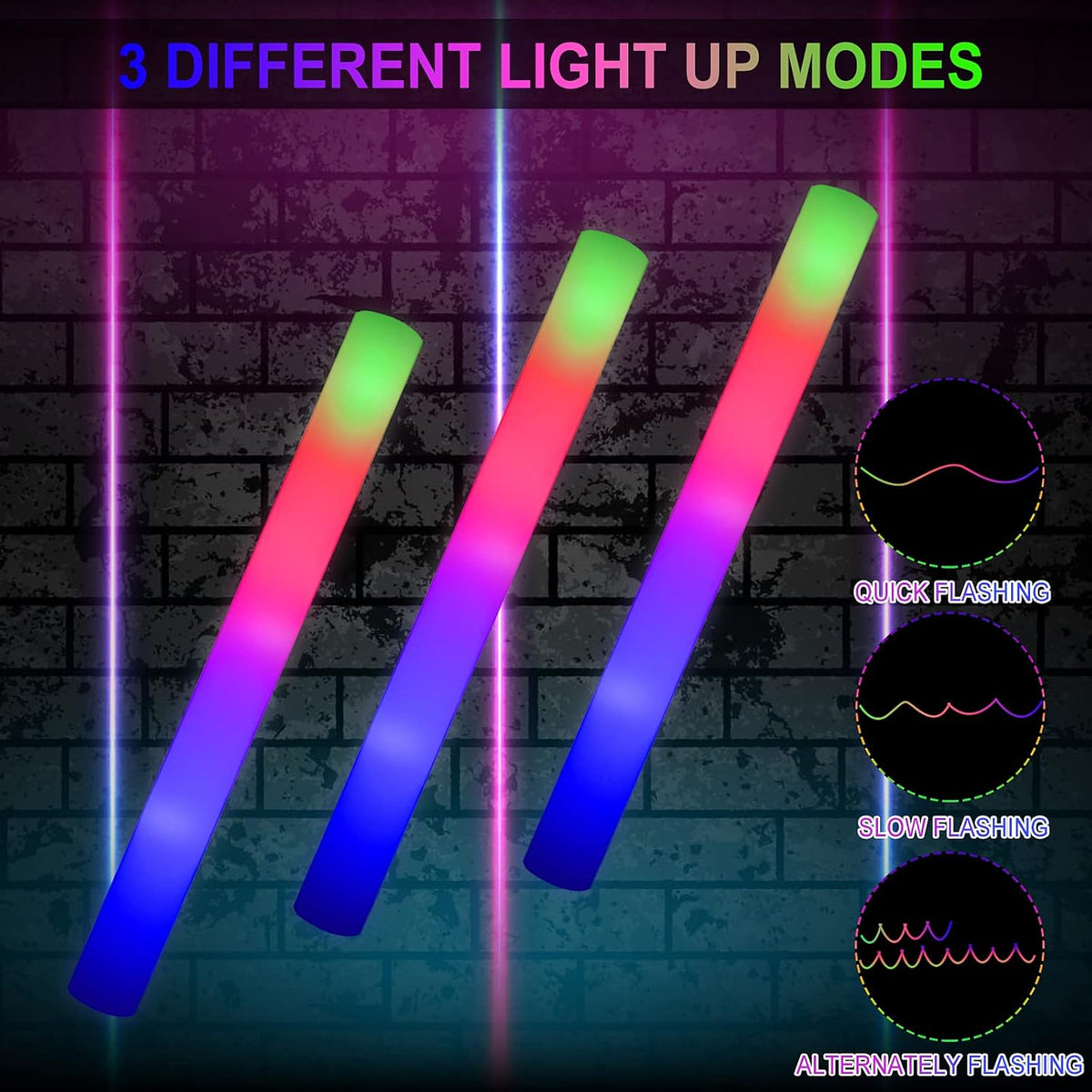 LifBetter 58Pcs Foam Glow Sticks Bulk,Led Glow Sticks with 3 Modes Colorful Flashing,Long Life