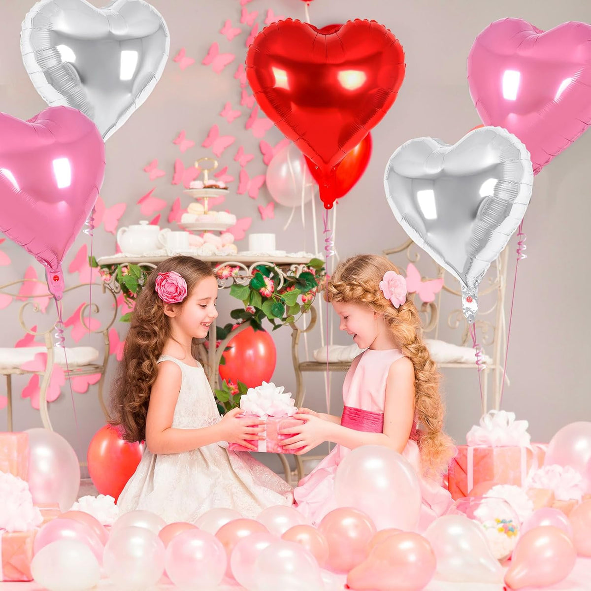24 Pcs Red Pink Silver Heart Balloons,18 inch Heart Foil Balloons Love Balloons Valentine Balloons