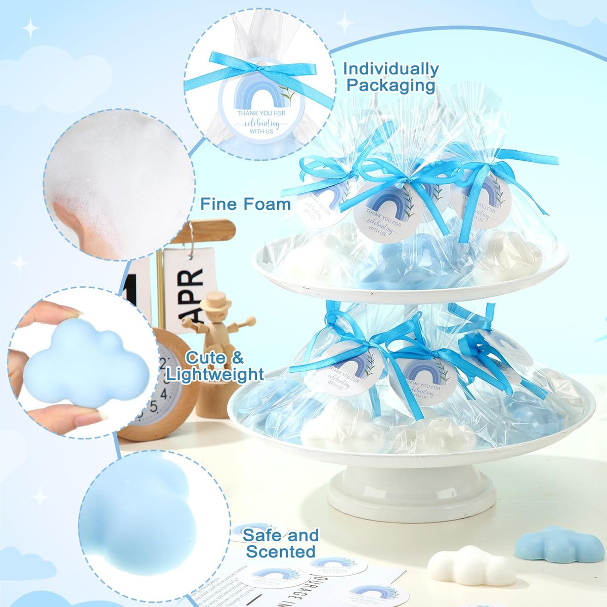 Demissle 20 Pcs Cloud Baby Shower Soap Favors Mini Handmade Soap Gifts with Thank You Card for
