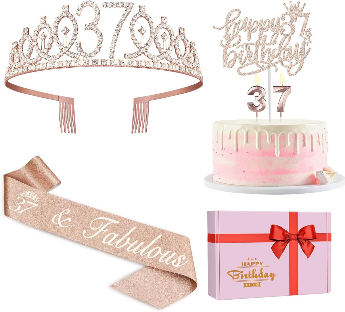 37th Birthday Decorations for Women Including Birthday Sash, Tiara/Crown, Numeral Candles and Cake