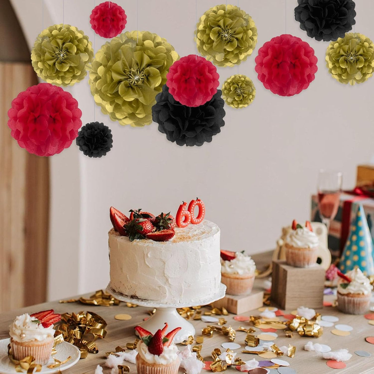 Tissue Paper Pom Poms, Black Gold Red Tissue Paper Flowers, Hanging Flower Balls for Weddings