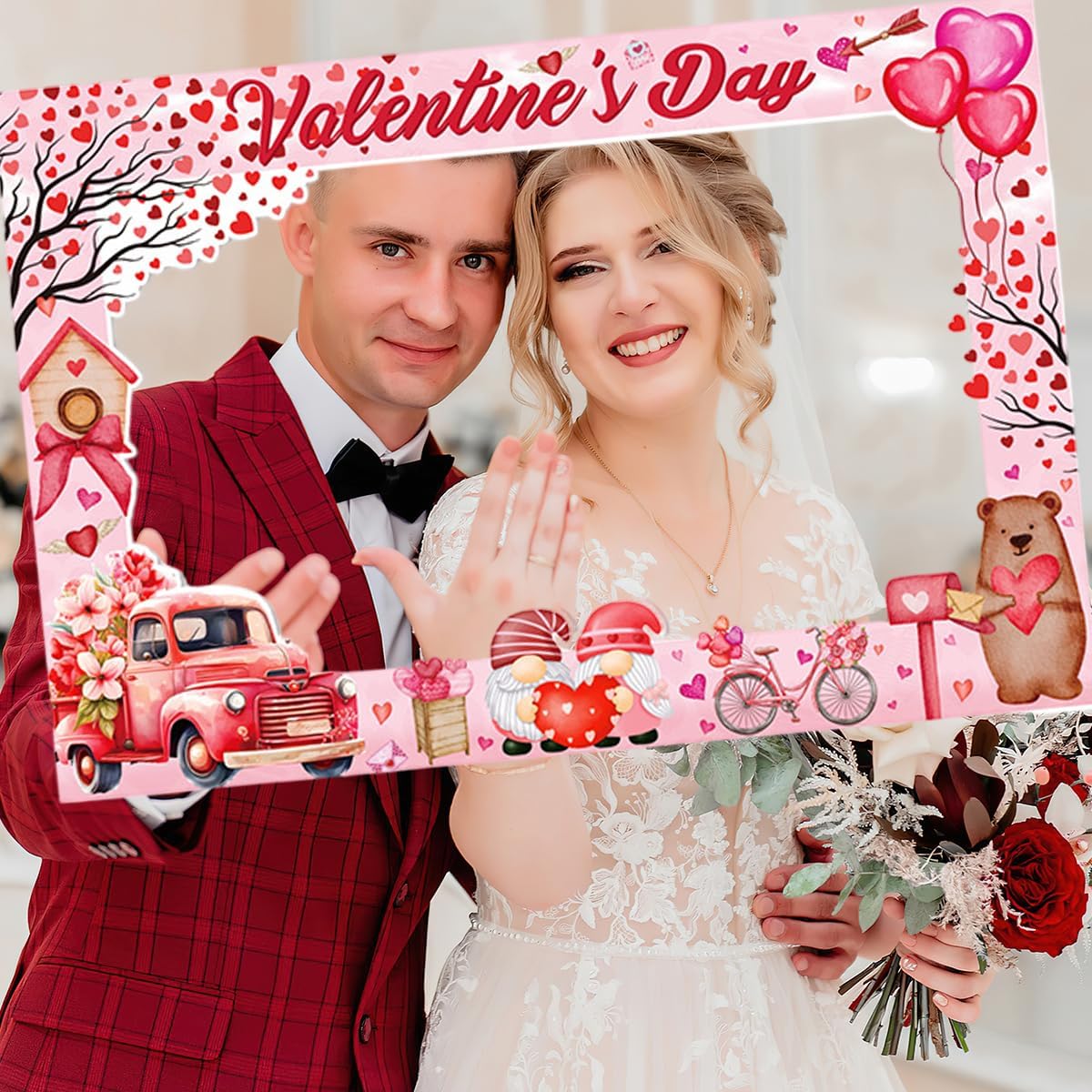 Valentine's Day Photo Booth Props Frame Pink Heart Valentine's Day Theme Selfie Photo Booth Picture