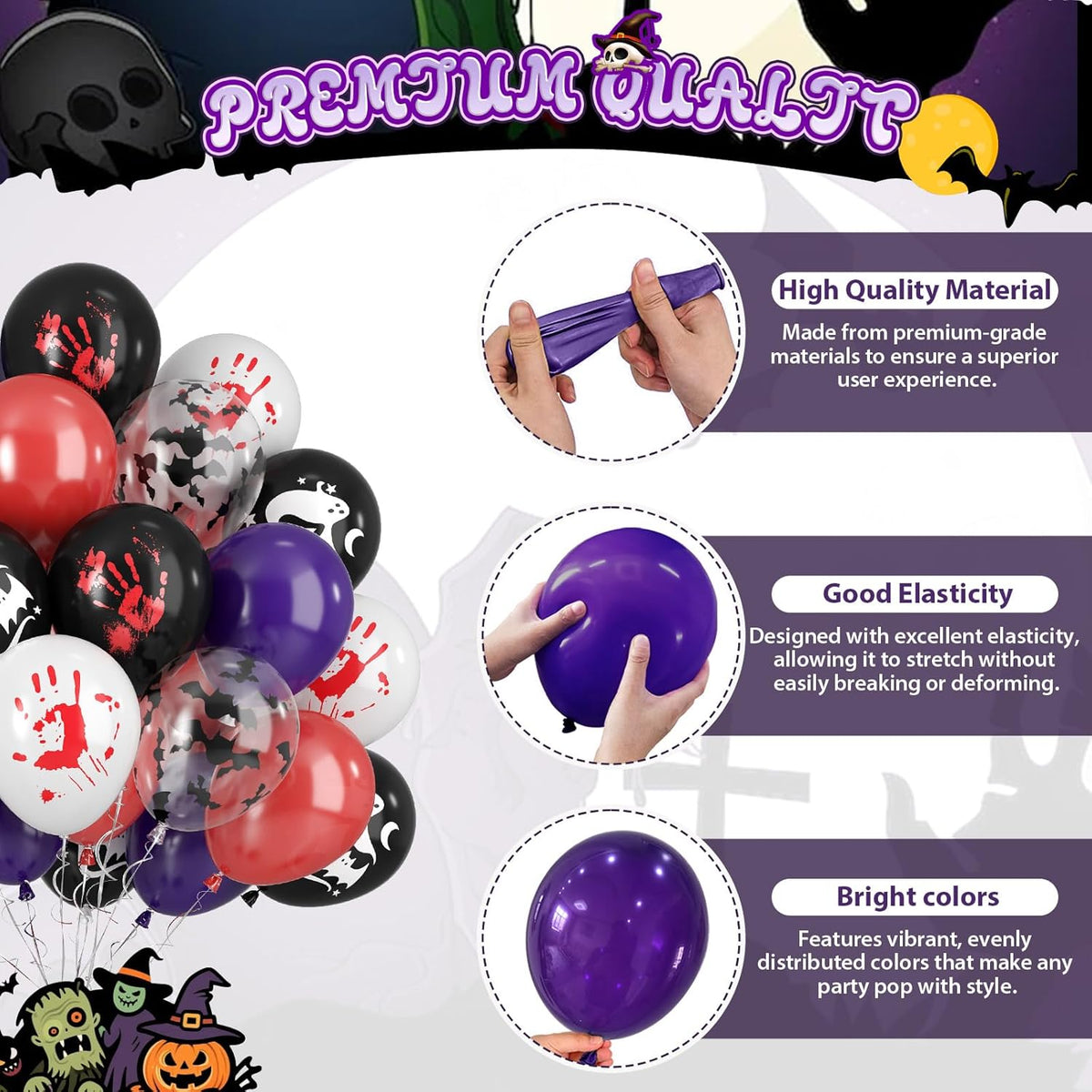 Paready Halloween Balloons, 50pcs Black Purple Red Balloons, Black White Bloody Handprint Balloon