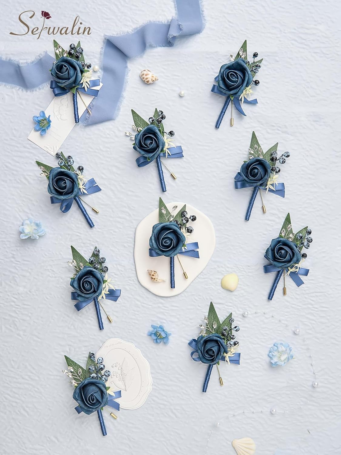 Serwalin 10Pcs Boutonniere for Men, Blue Groom and Best Man Boutonniere, Artificial Flowers for