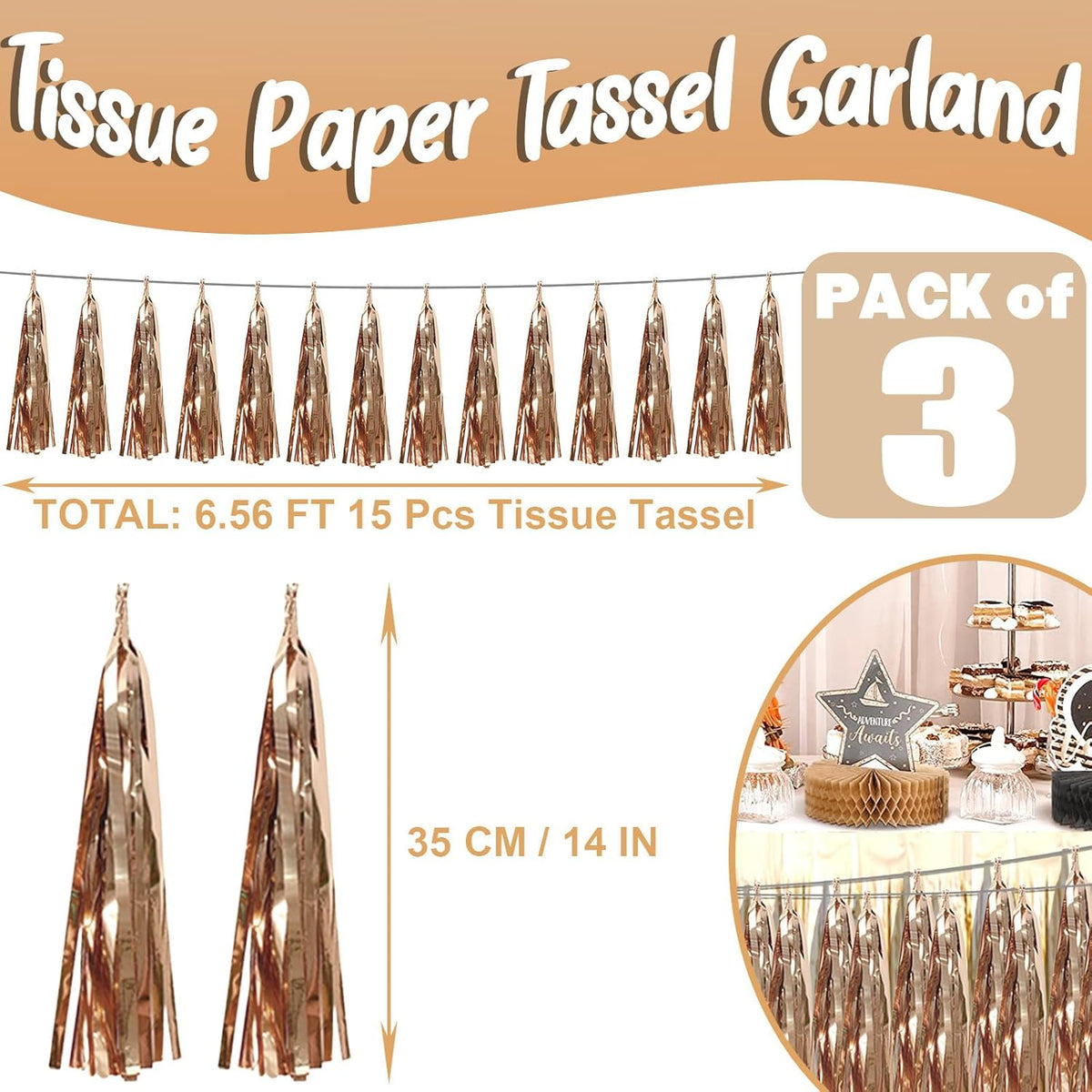 3P Champagne Gold Foil Fringe Metallic Tassel Streamers Banner Tassel Garland for Parade Floats