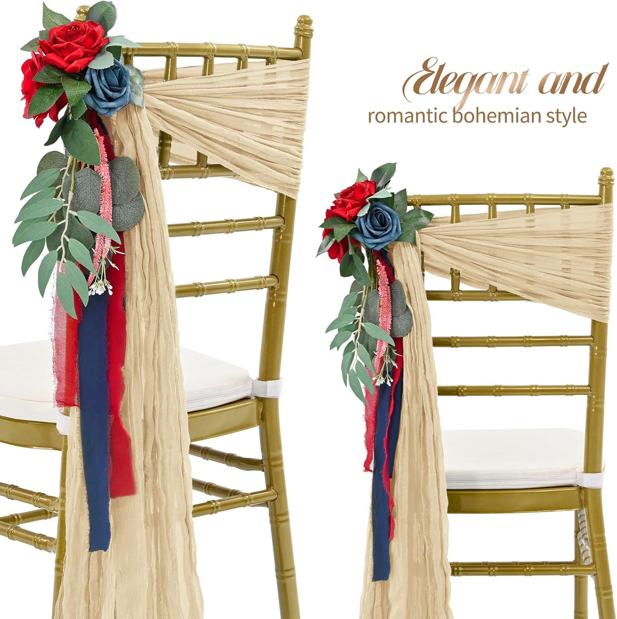 50 PCS Cheesecloth Chair Sashes Bows Wedding Aisle Decorations Chair Ribbon Ties Back Sash for