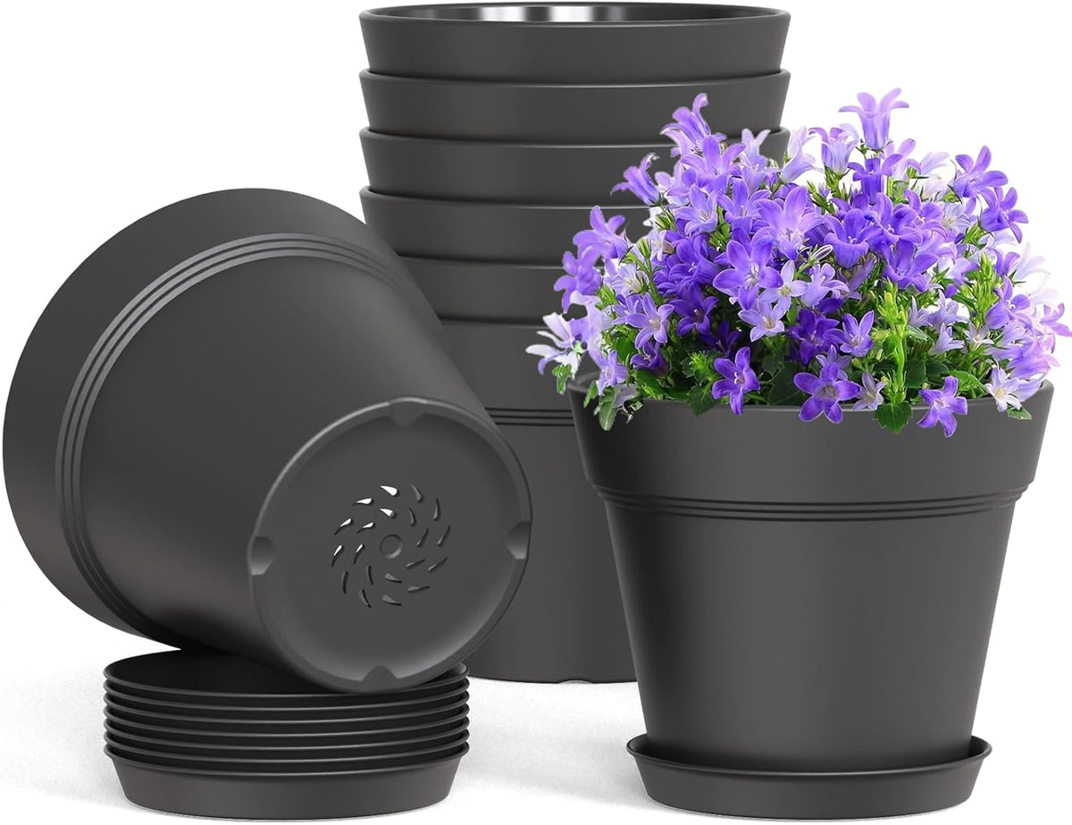 4 Inch Plastic Plant Pots with Drainage Holes and Trays – 8 Pack Small Nursery Pots for Indoor &