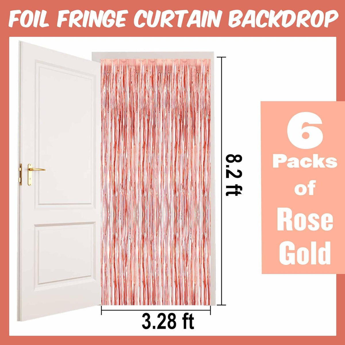 6 Pack Rose Gold Foil Fringe Curtains Backdrop, 3.28 x 8.2 Ft Metallic Streamers Tinsel Curtains