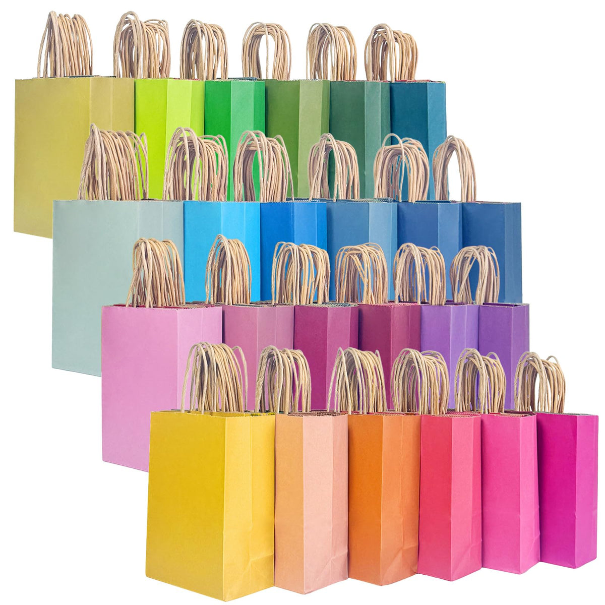 qiqee 24Pcs Small Gift Paper Bag with Handles Bulk - 8.3"x6"x3. 15" Rainbow Party Bags - Mulit Color