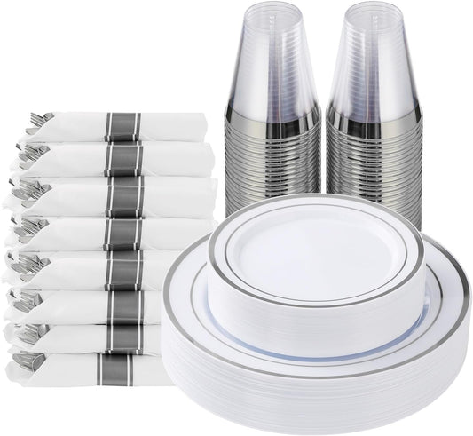 Goodluck 175 Piece Silver Plastic Dinnerware Set for 25 Guests, Fancy Disposable Plates for Party
