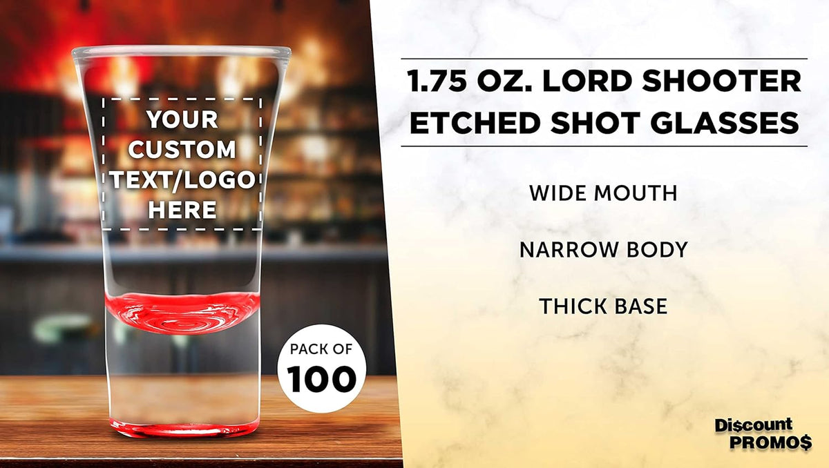 Custom 2 oz. Lord Shooter Etched Shot Glasses, 100 pack, Personalized Text, Logo, 21st Birthday