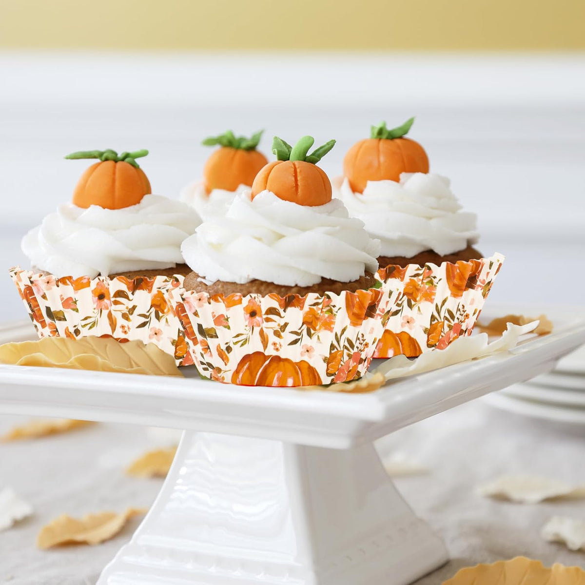 Whaline 300Pcs Fall Cupcake Liners Watercolor Pumpkin Flower Paper Baking Cups Autumn Floral Muffin