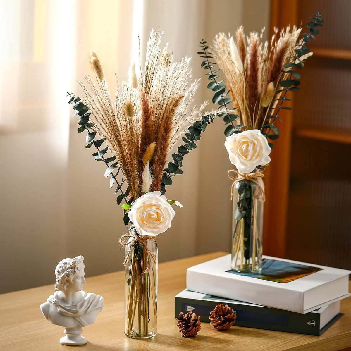 10 Set Dried Pampas Grass Centerpiece for Wedding 10 Clear Glass Jars 10 Artificial Roses 80 Dried