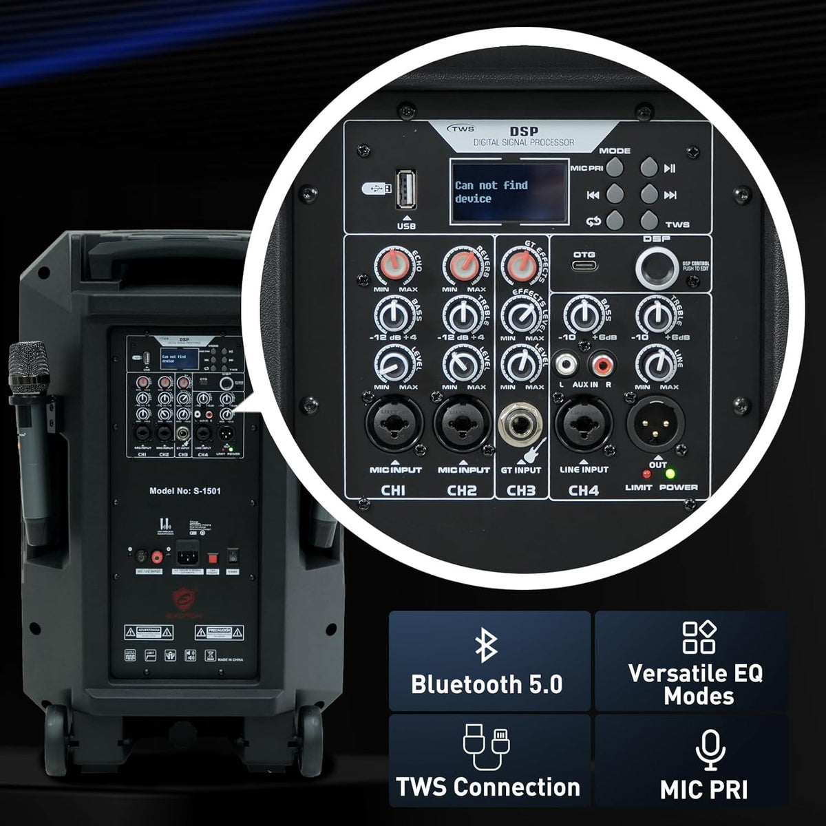 EXOTON S-1501 15 Inch Portable Rechargeable PA Speaker - 1600W, Bluetooth, TWS, USB/RCA, 2 UHF