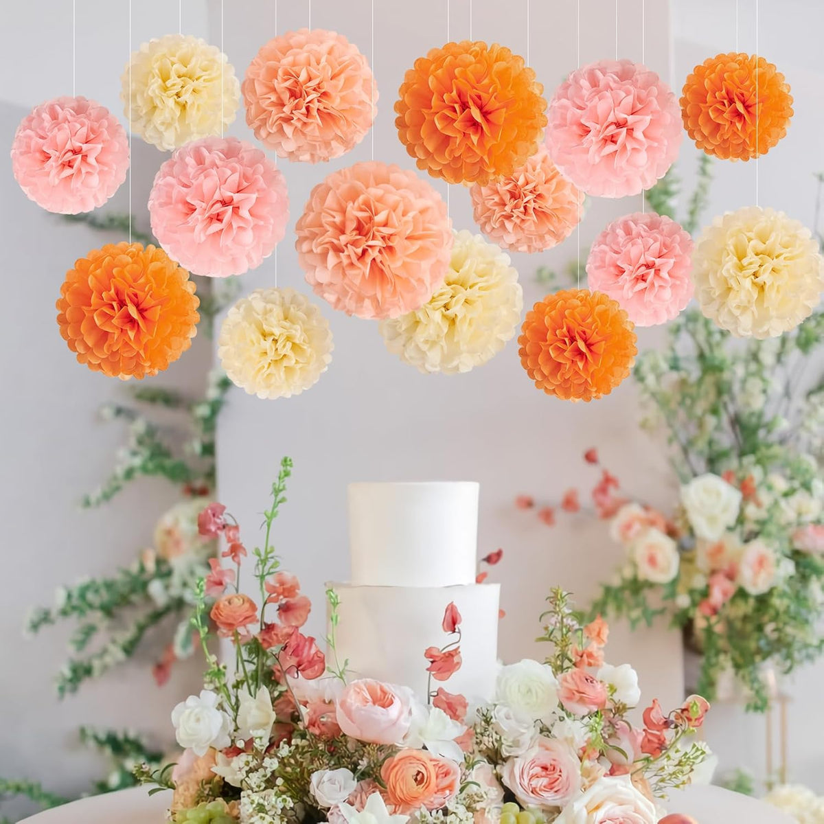 15Pcs Tissue Pom Poms Pink Orange Paper Flowers Hanging Decorations Orange Pink Flower Ball for