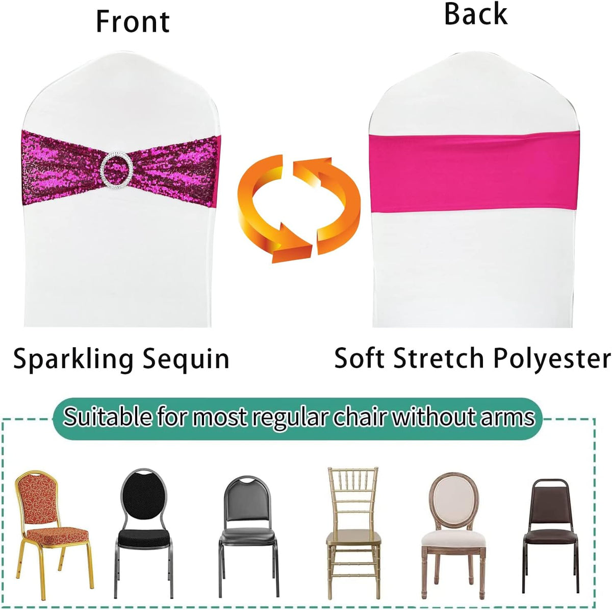 10 Pcs Chair Sashes Sequin Stretch Chair Bands Spandex Polyester Bows for Party Hotel Wedding