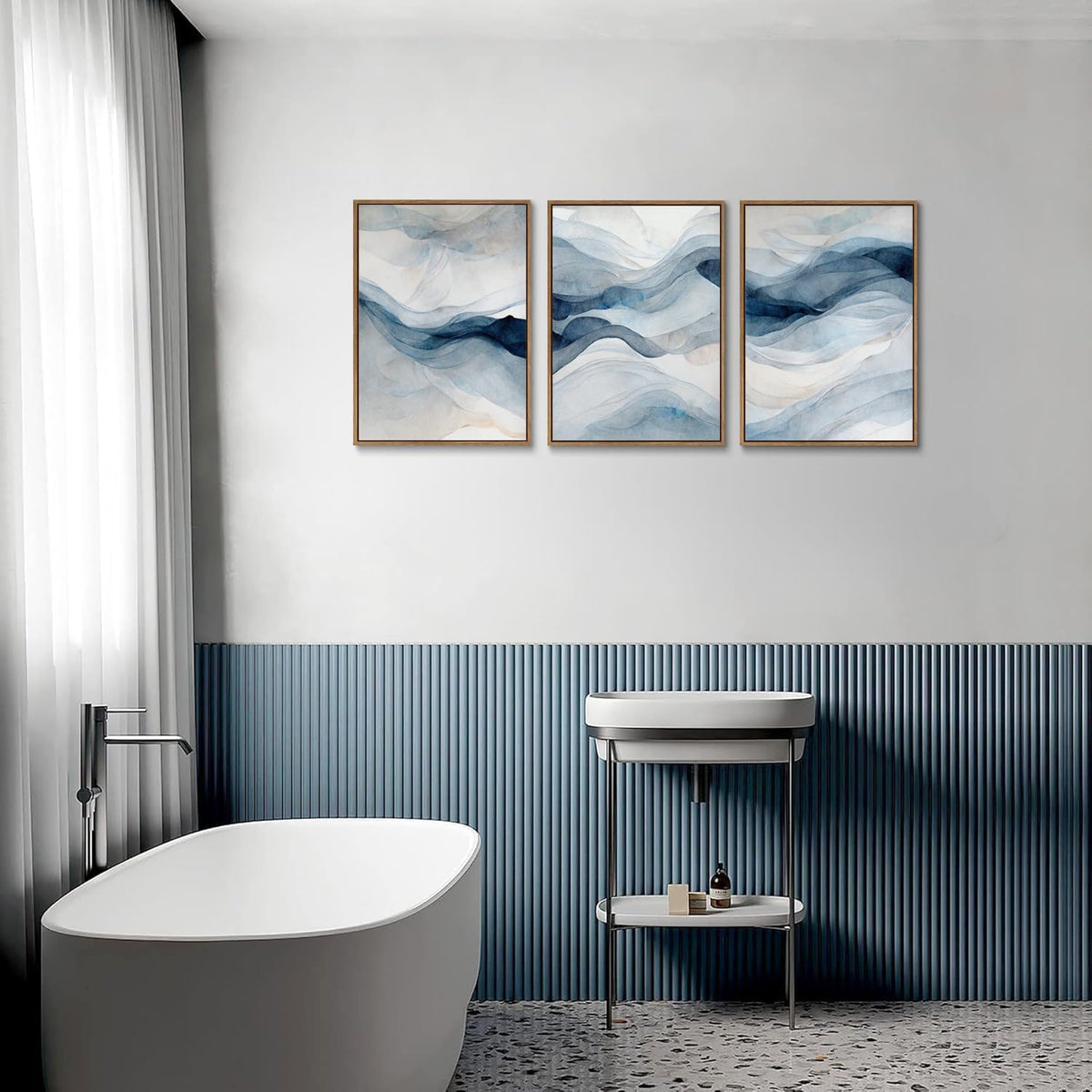 myusuar 3 Piece Large Abstract Framed Wall Art For Living Room, Smoke Texture Ink Navy Blue Canvas
