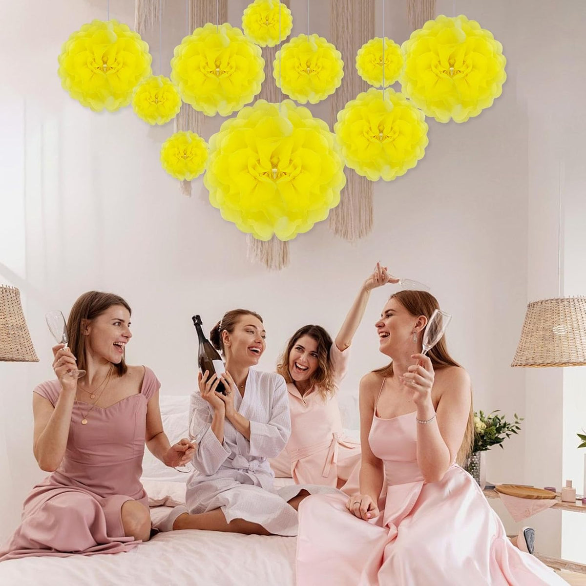 Tissue Paper Pom Poms, Light Yellow Tissue Paper Flowers, Hanging Flower Balls for Weddings Fiesta