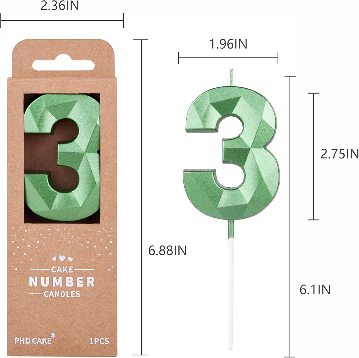 PHD CAKE 2.76 Inch Crystal Green 3 Number Cake Candle, Numeral Birthday Candles, Green Number
