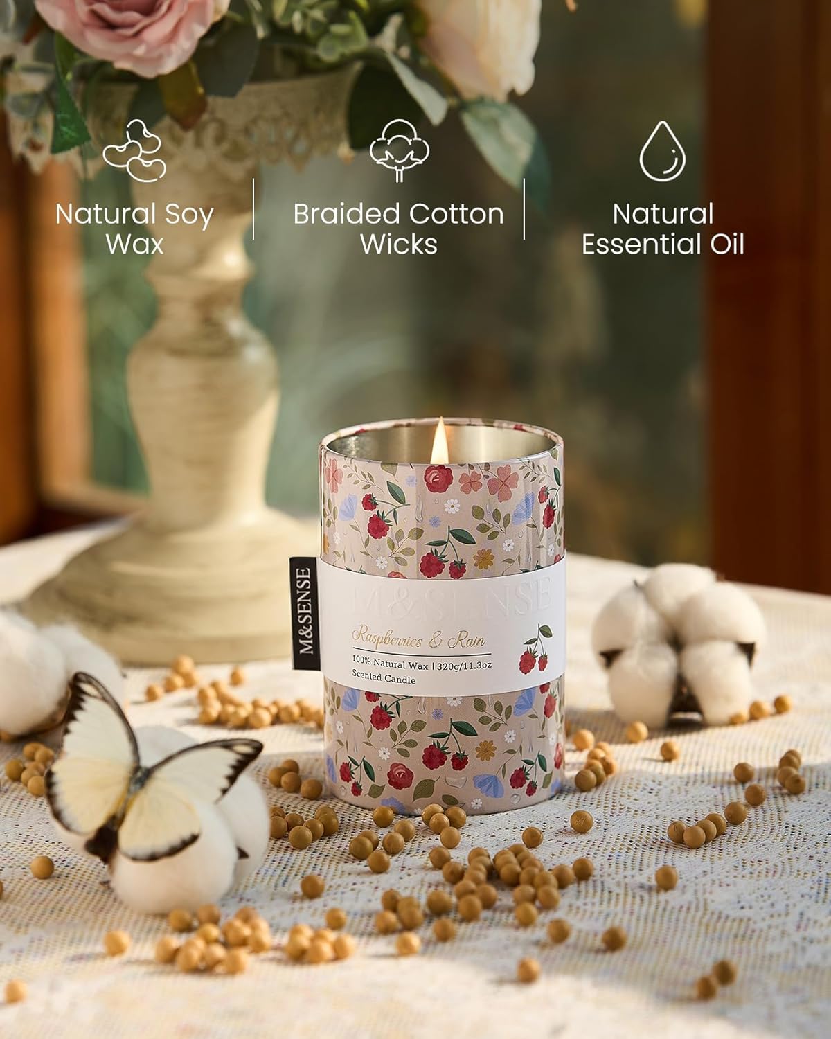 M&SENSE Raspberries Rain Scented Candle, Medium Jar Candle 11.3oz Natural Soy Wax for Home Scented