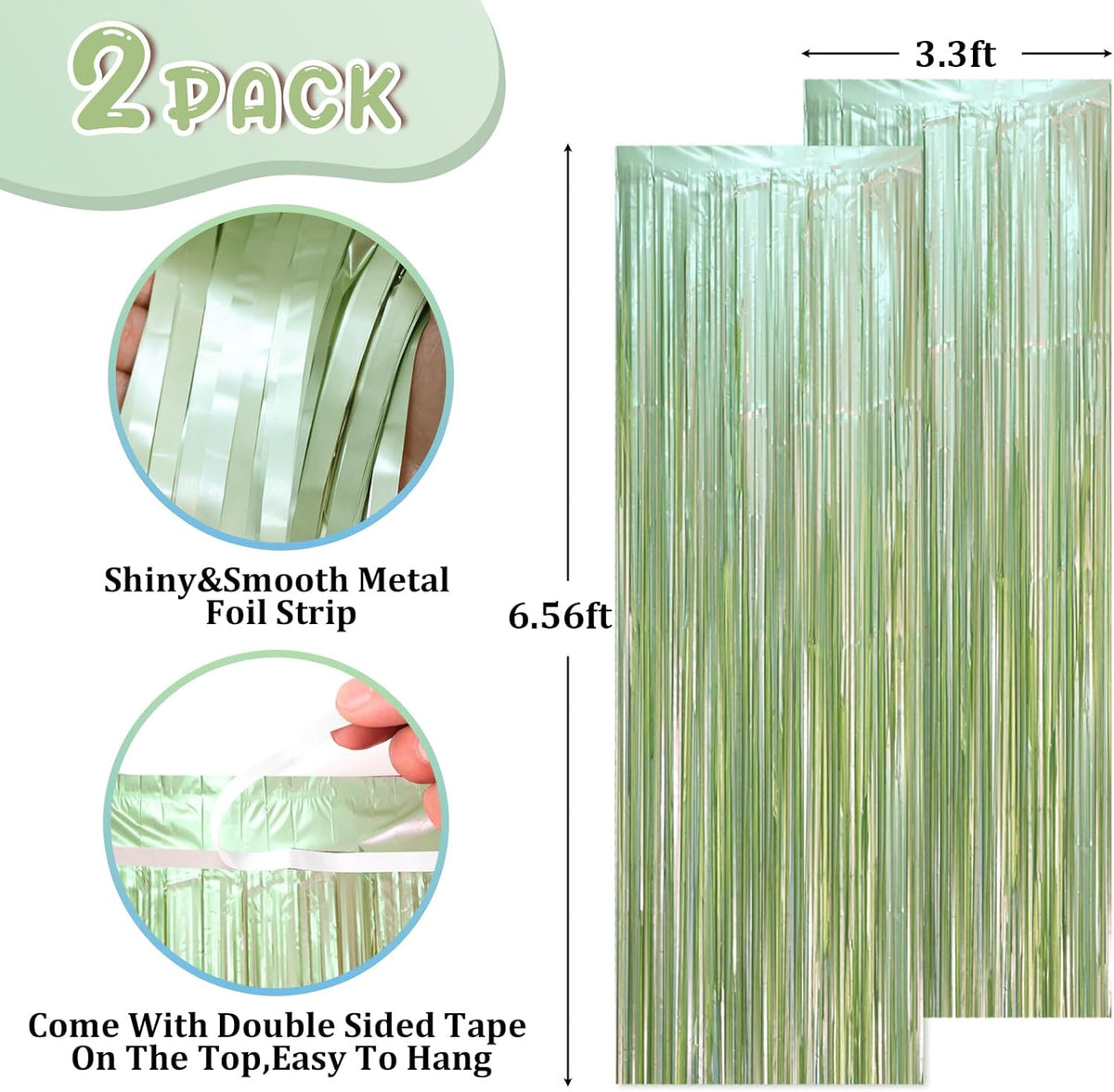 2 Pack Sage Green Foil Fringe Backdrop Curtains, Tinsel Streamers Party Decorations, Fringe