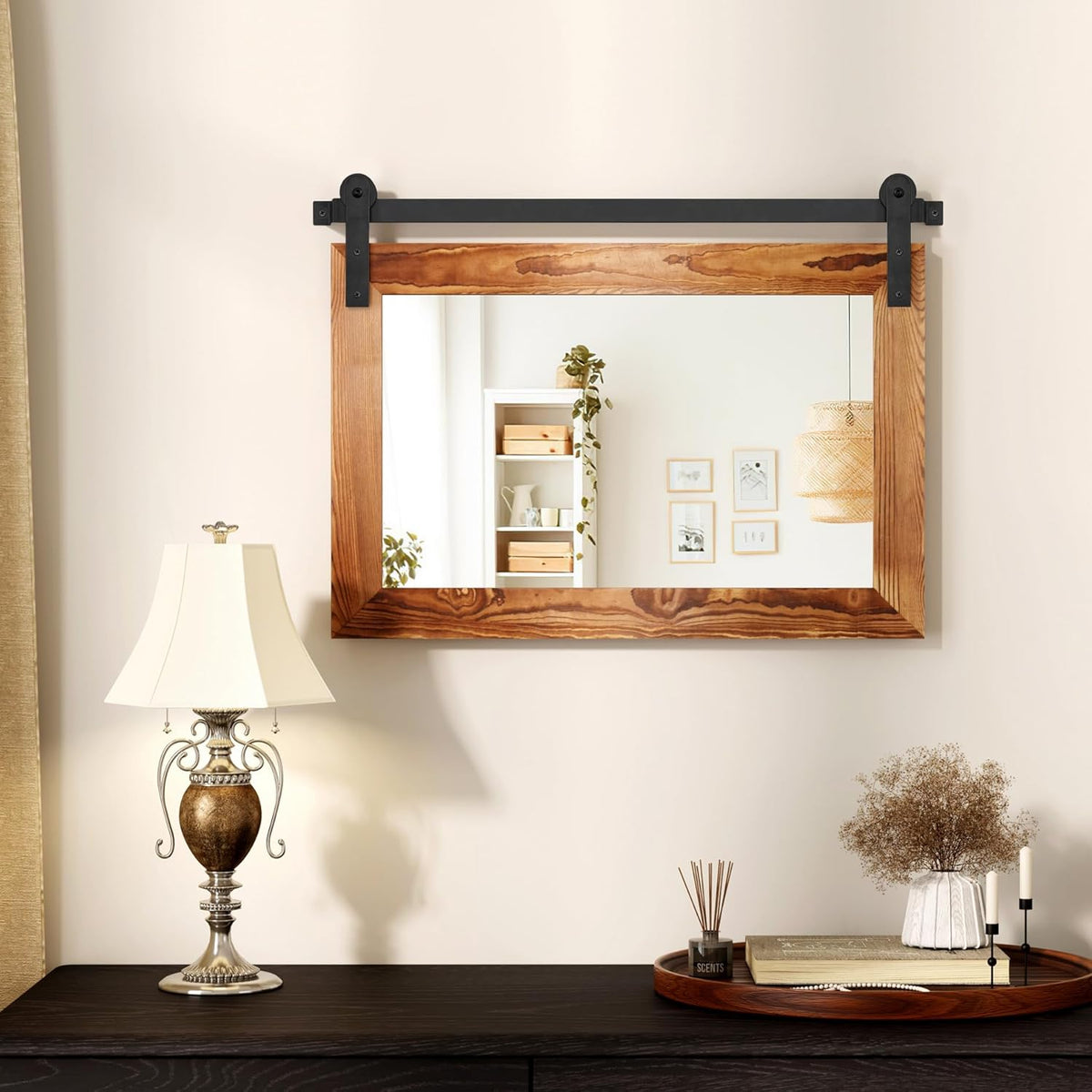 COGOOD Farmhouse Barn Door Mirror - 25 X 18 Rustic Wood Framed Decrative Mirror for Bathroom