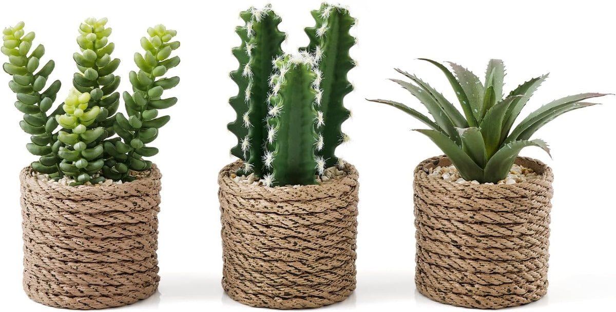 3-Pack Artificial Succulent Plants in Vintage Plastic Pots - Fake Waterproof Succulents Decor for