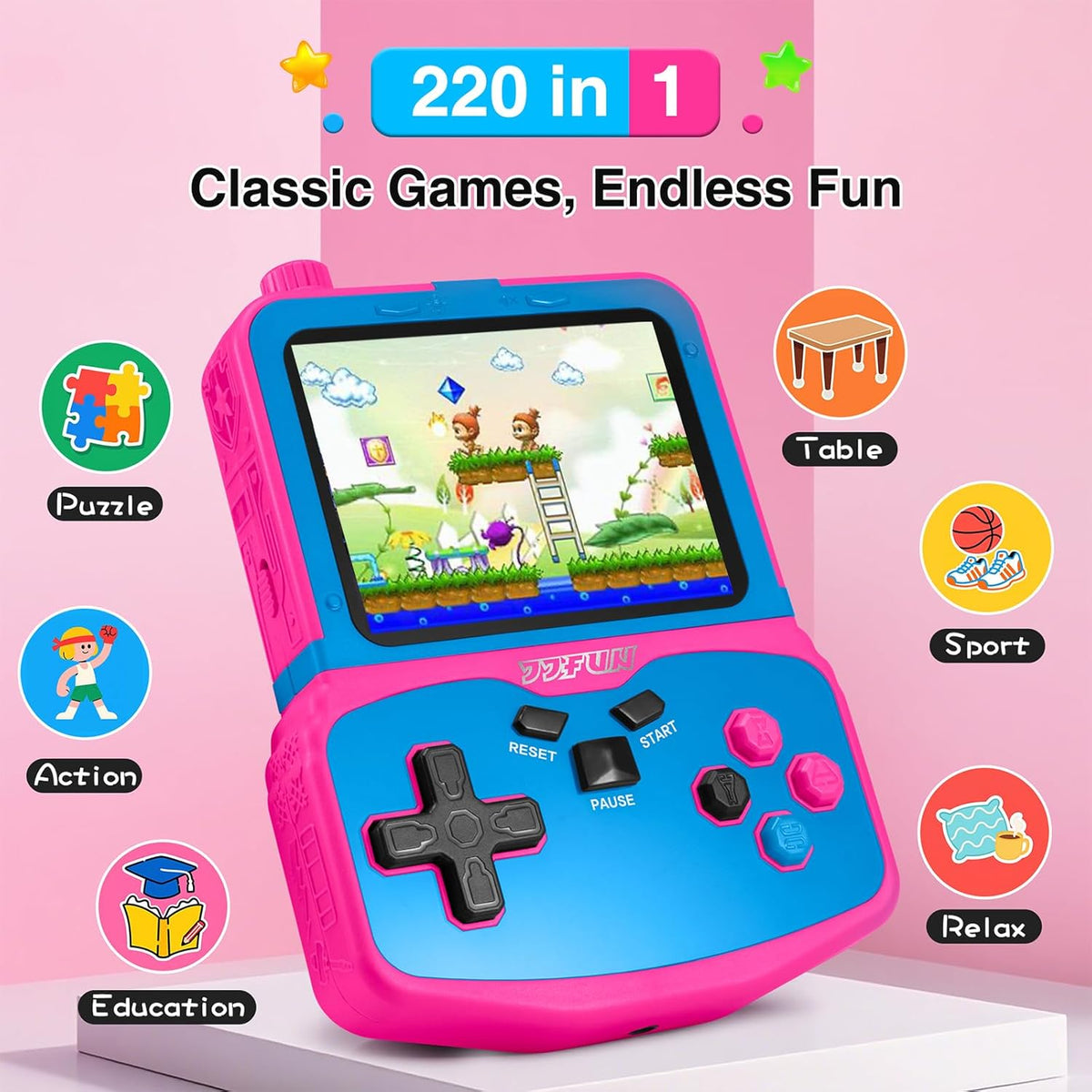 Handheld Game Console for Girls, 220 Retro Games Built-in, 3.5'' HD IPS Screen, Rechargeable Mini