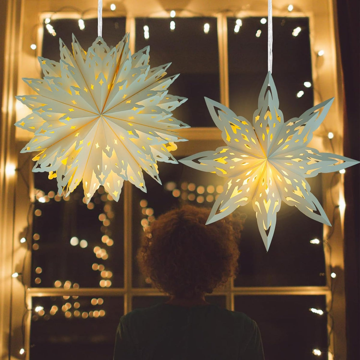 Christmas Paper Snowflake Lanterns, 2 Pack Christmas Paper Star Lantern with LED Light White