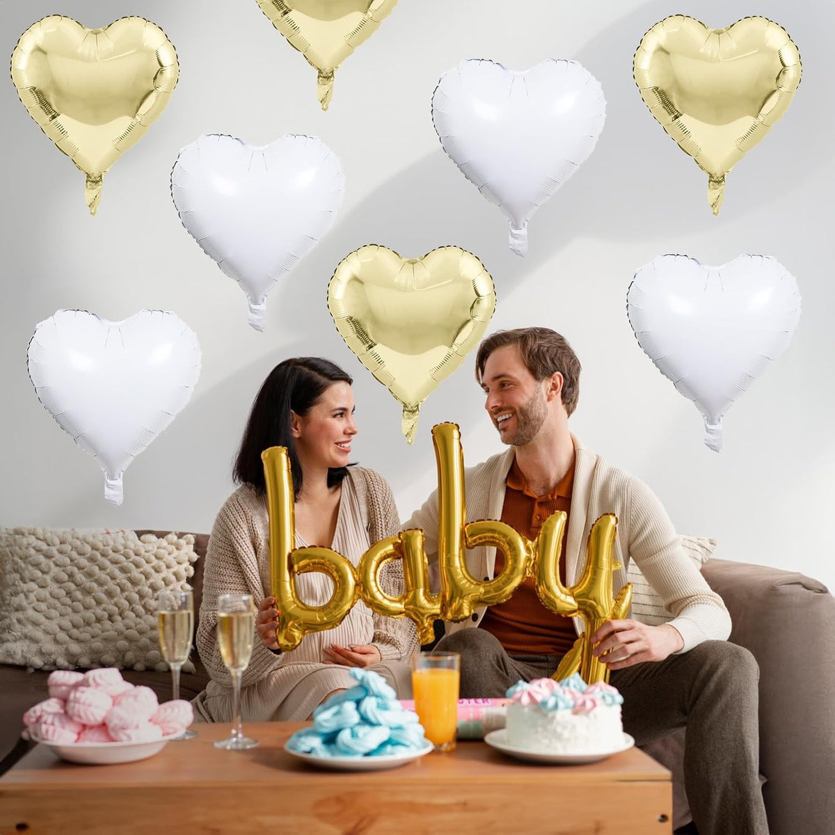 Gold White Foil Heart Balloons, 18 Inch 10 Pcs Pastel Yellow White Mylar Heart Shape Balloons Large