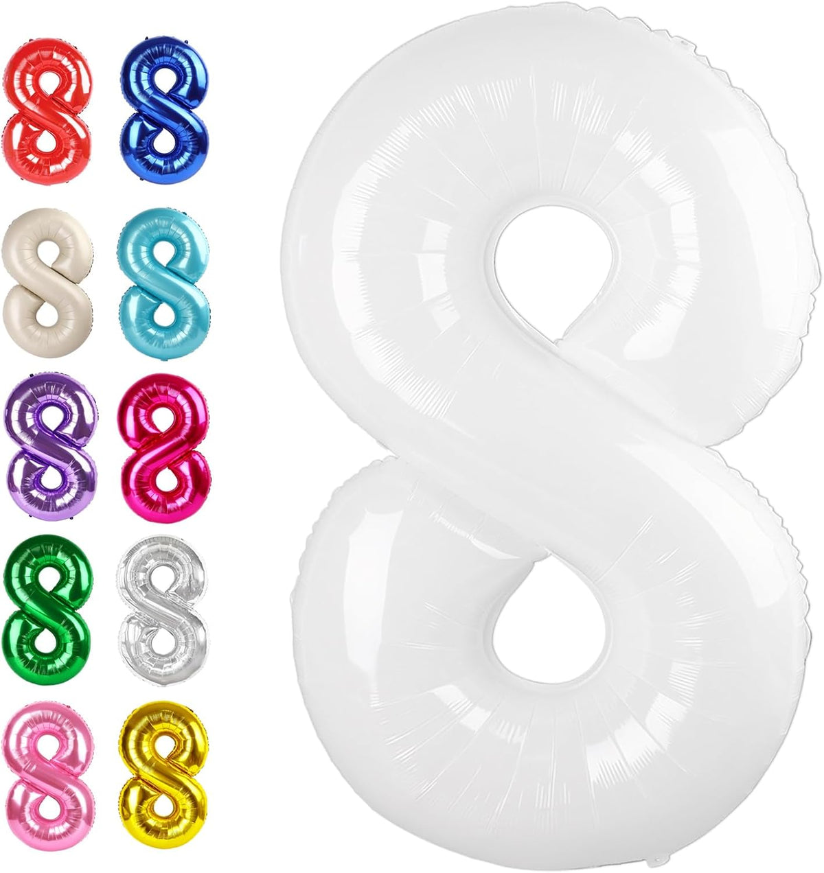 Helium Foil White Number 8 Balloon 40 Inch, Mylar Eight Numbers 8 18 28 38 48 58 80 88 Birthday