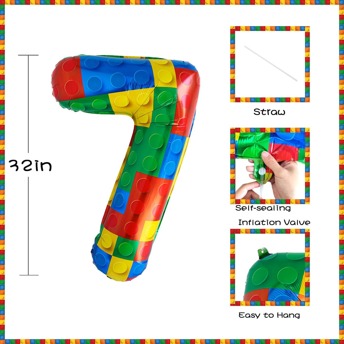 32 Inch Stackable Block Number 7 Balloon – Colorful Brick Building Themed Big Helium Digits for