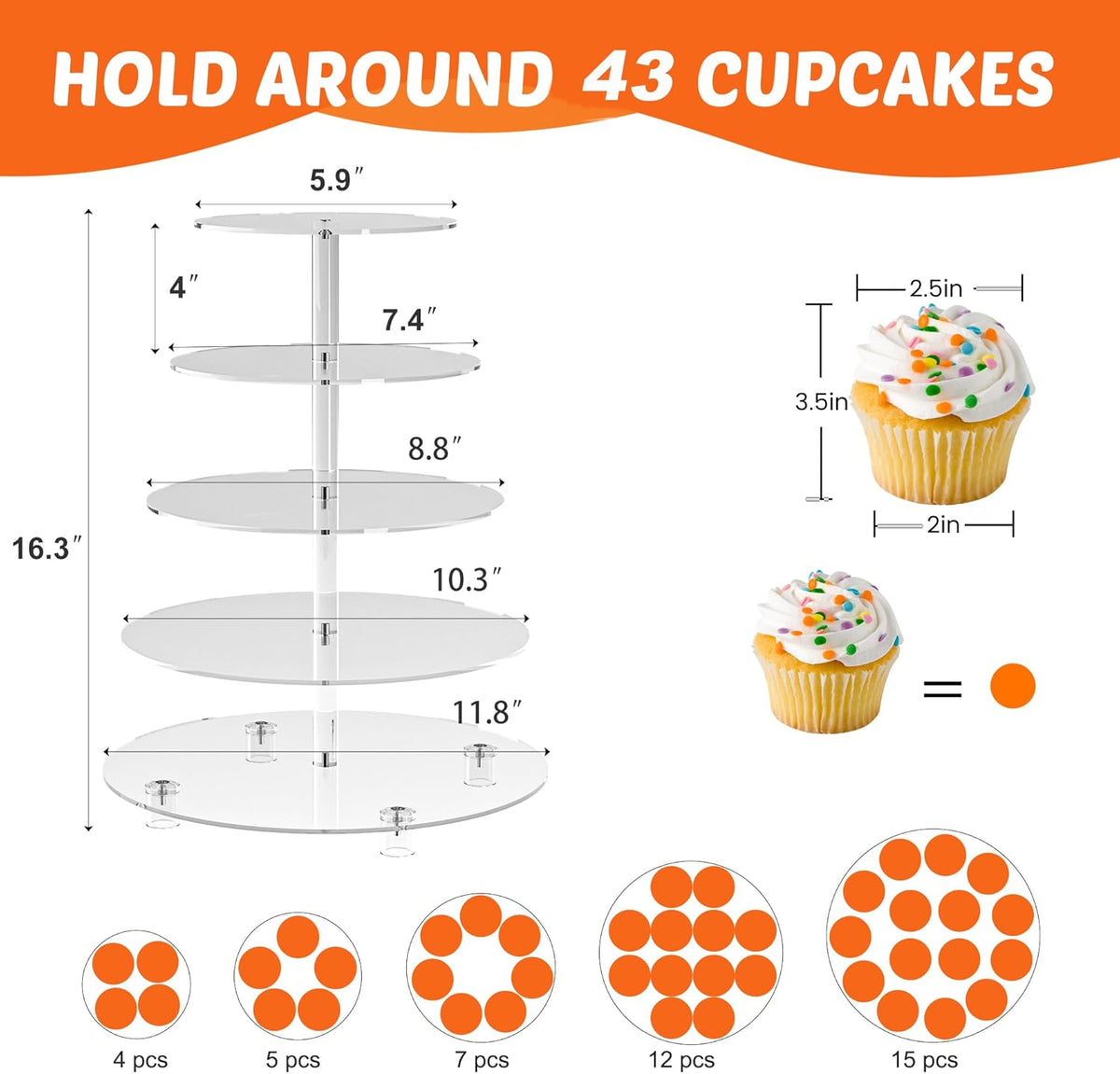 Cupcake Stand for 50 Cupcakes, 5 Tier Cupcake Holder, Clear Round Cupcake Tower, Acrylic Cupcake