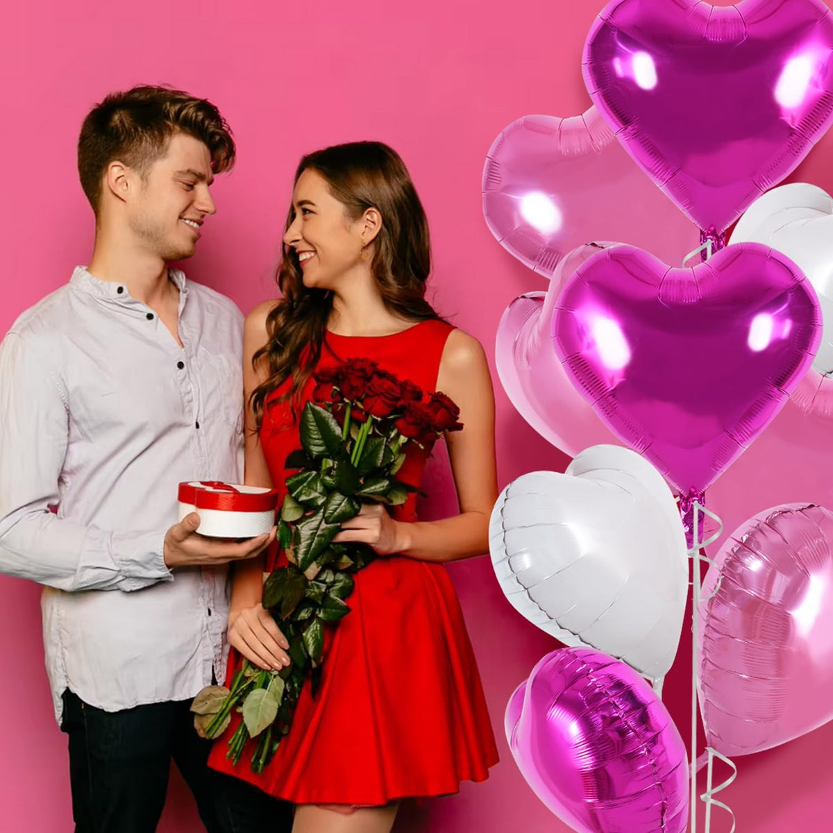 TONIFUL 30Pcs 18 Inch Pink White Heart Balloons Hot Pink Heart Shape Foil Mylar Balloons Decoration