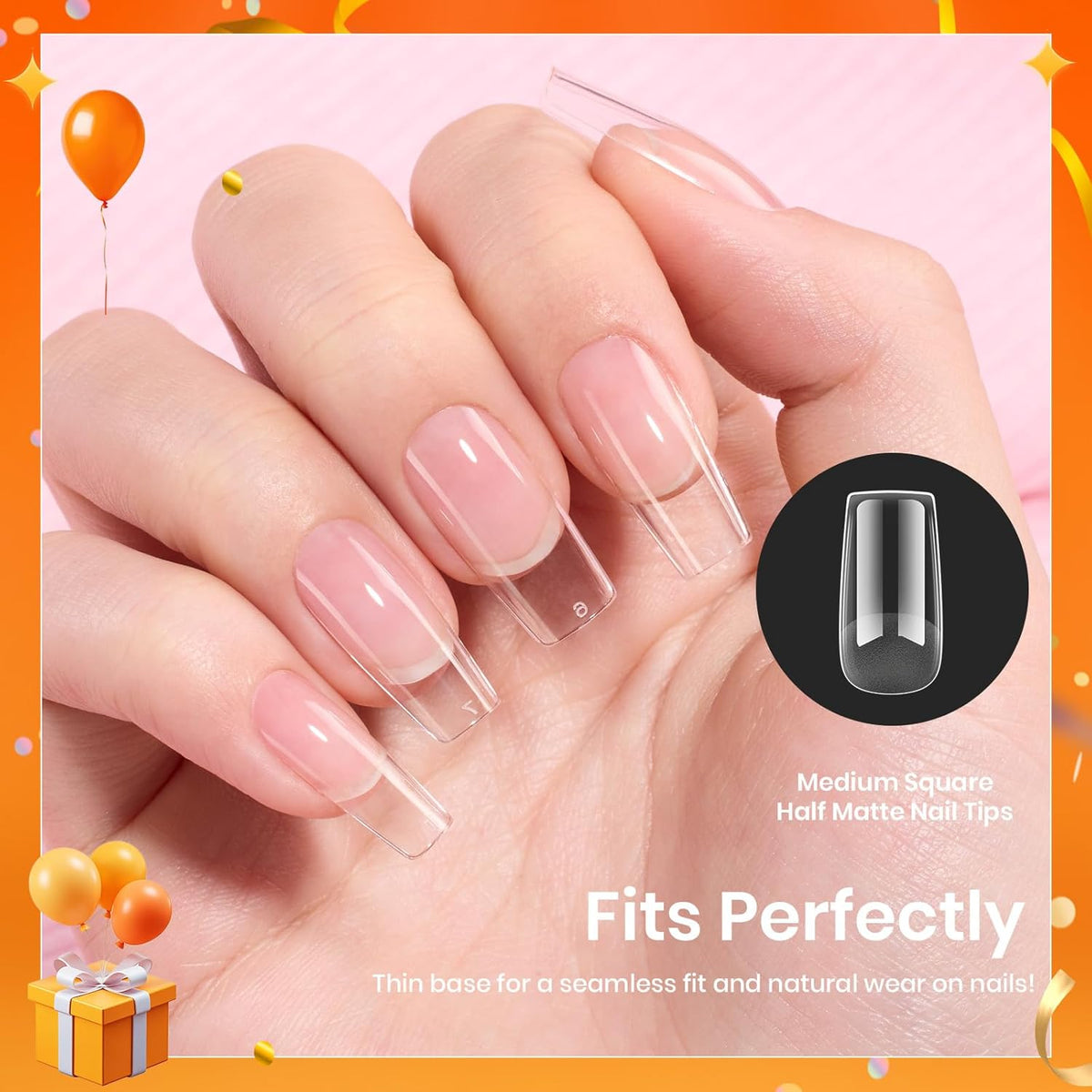 Beetles Gel Nail Tips Etch-X, Square Medium, 288Pcs 12 Sizes, Pre-Etched Half Matte Soft Acrylic