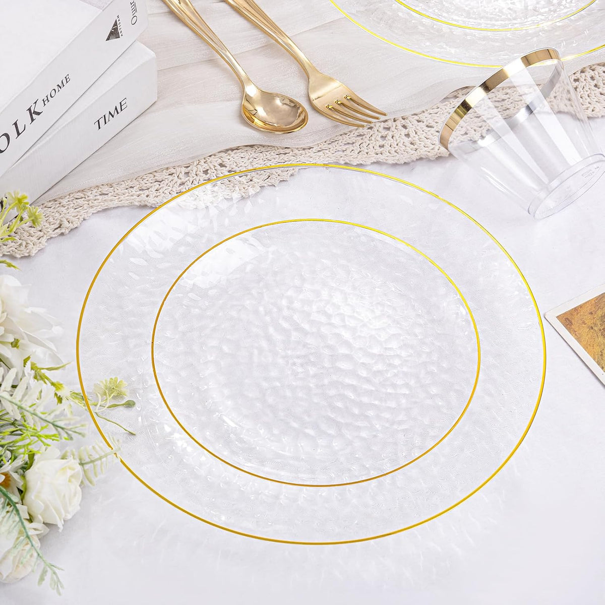 Rubtlamp 350 Pcs Clear Gold Plastic Plates, Hammered Disposable Dinnerware, Clear-Gold Plates Set