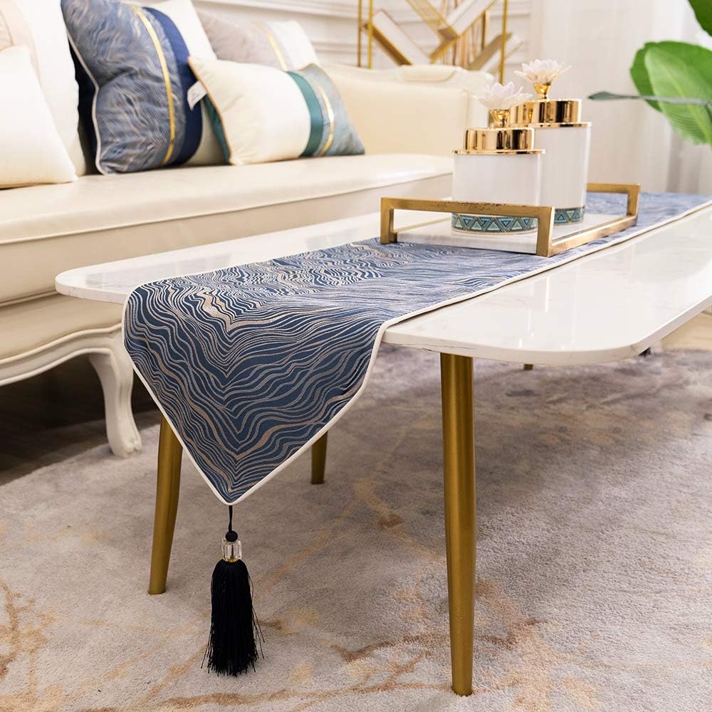 Avigers 12 x 72 Inch Decorative Luxury Abstract Striped Navy Blue Table Runners with Tassels for